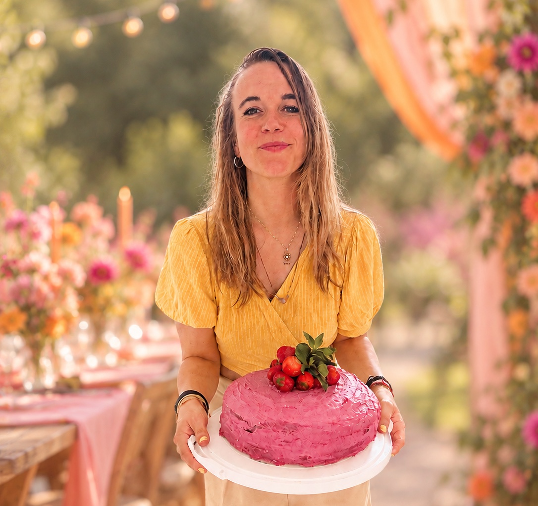 Sanne met een roze taart vol aardbeien